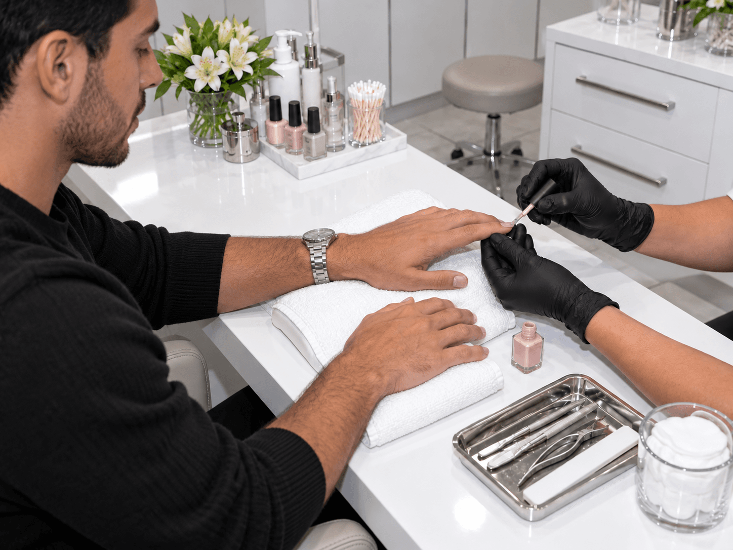 Nail specialist applying polish to a client’s fingernail at a white manicure table