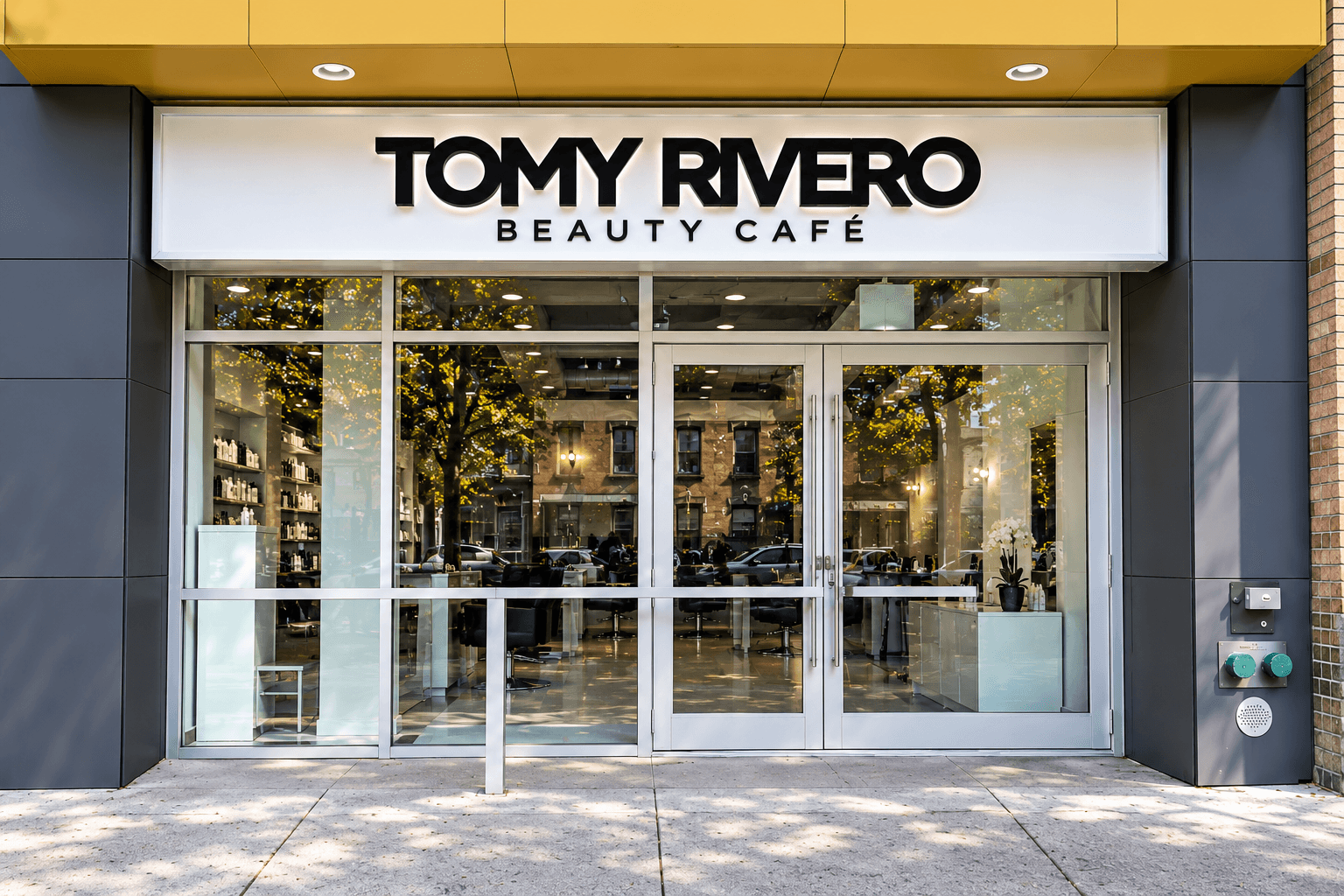 Tomy Rivero Beauty Cafe storefront in Inwood at night
